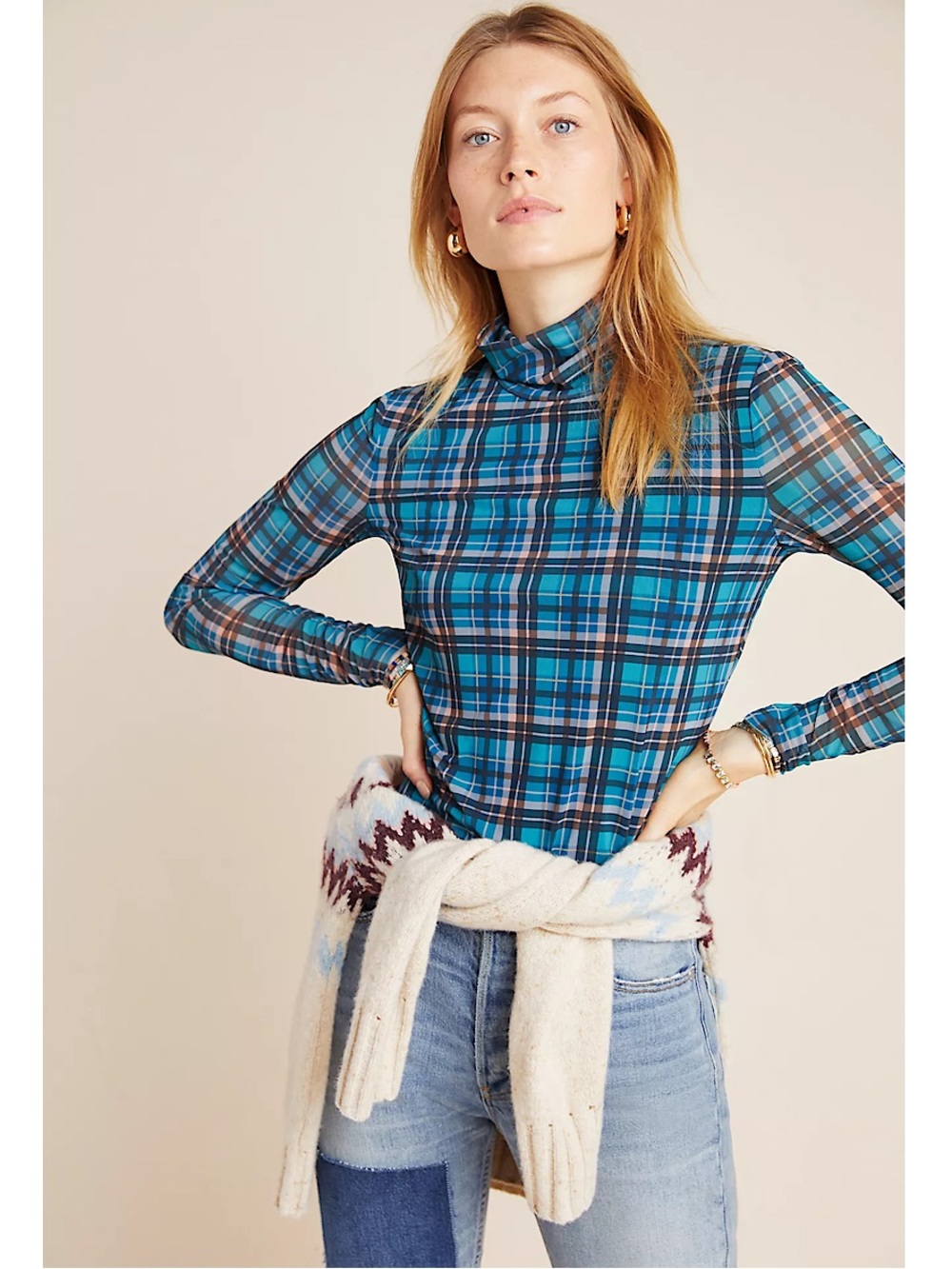 Anthropologie La Vie Rebecca Taylor Clarissa Plaid Mesh Turtleneck Top